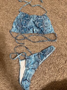 Blue Snake Print String Bikini Set